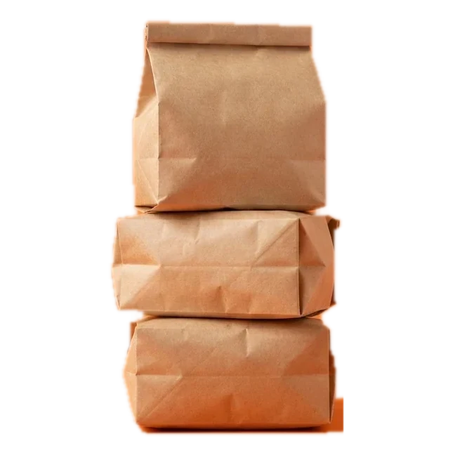 Three plain kraft pet food bags stacked on a tangerine backdrop