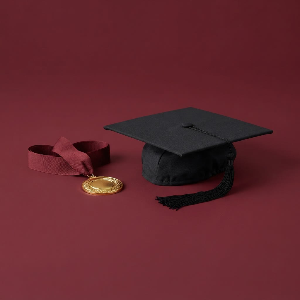 A gold medal and a graduation cap on a maroon backdrop